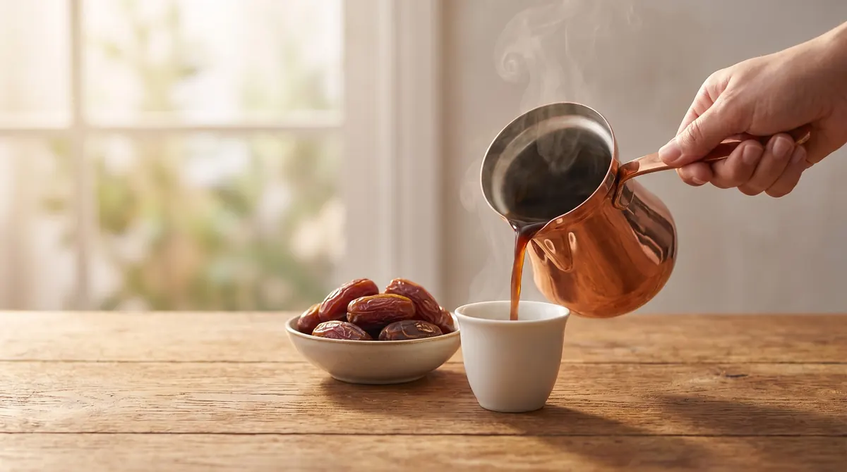 Coffee poured from a copper pot into a small white cup beside a bowl of dates