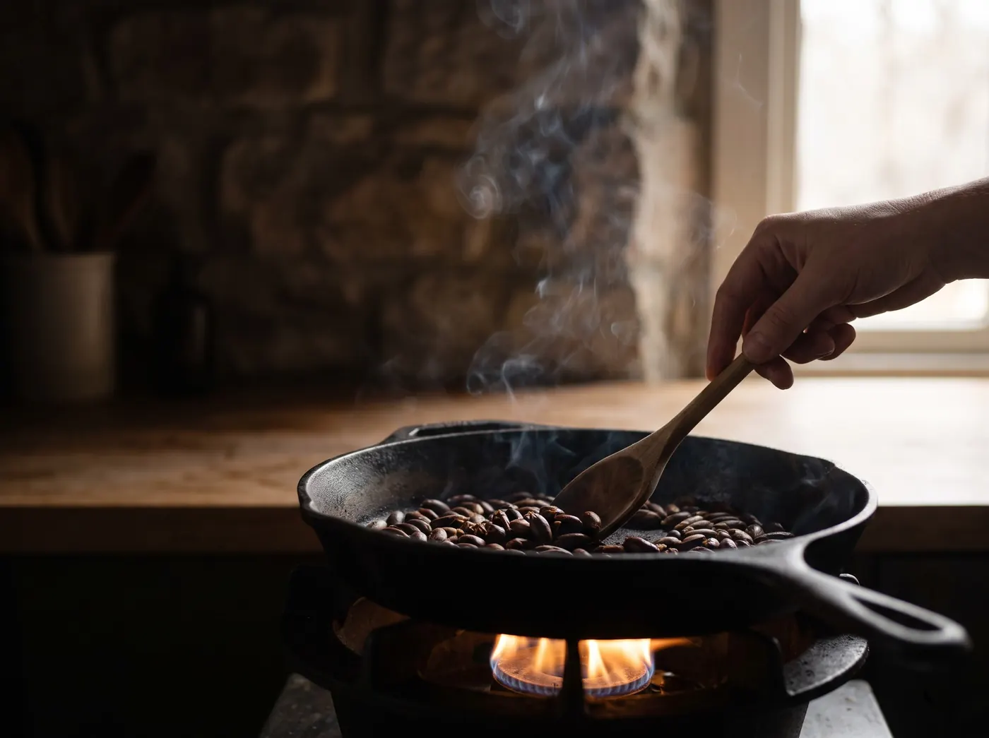 Date seeds slow-roasting in a cast-iron pan over a flame, stirred with a wooden spoon