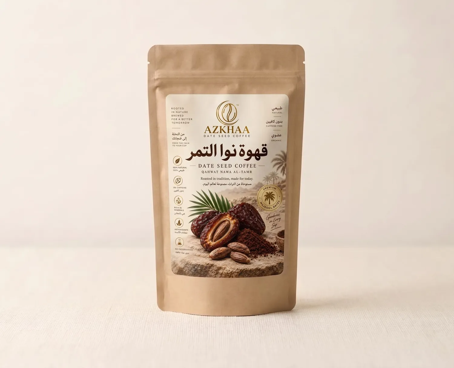 Azkhaa Date Seed Coffee pouch beside a cup of coffee, dates and ground date seeds