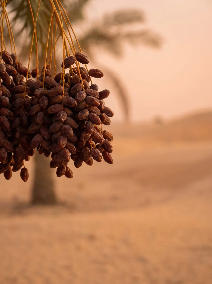 A cluster of ripe dates hanging from a palm at golden hour in the desert